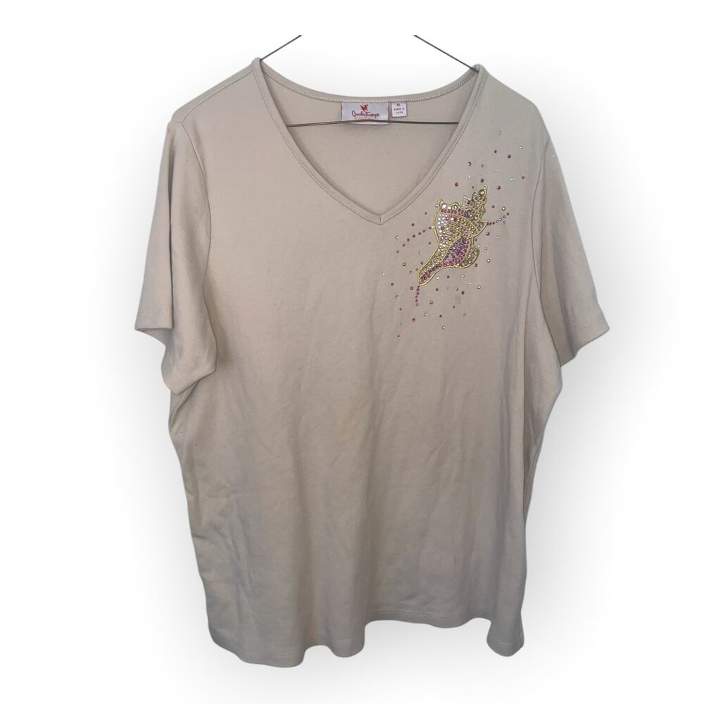Quacker Factory Tan Embellished T Shirt | Sz XL | EUC